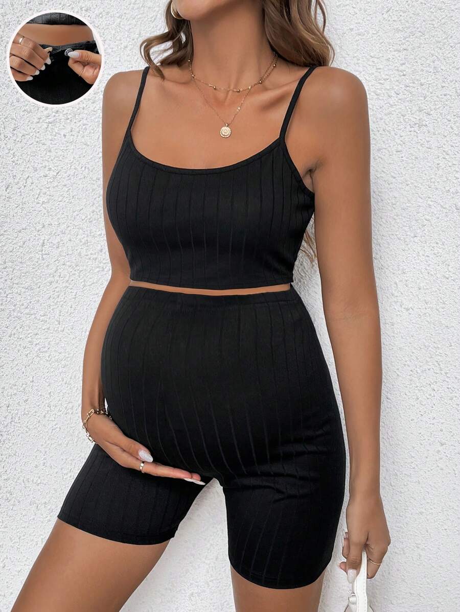 SHEIN 孕婦休閒背心可調整鬆緊腰短緊身兩件套 - 黑色 - 查看 1
