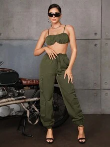 SHEIN SXY Giải trí Trang phục làm việc Phong cách Của phụ nữ Màu xanh lá Bộ Bao gồm Chân thẳng Túi Quần Và Quần skinny Xếp li Áo ba lỗ - xanh quân đội - Xem 5