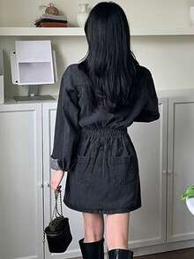 DAZY Women's Casual Denim Button Front Long Sleeve Dress - Dark Grey - View 2