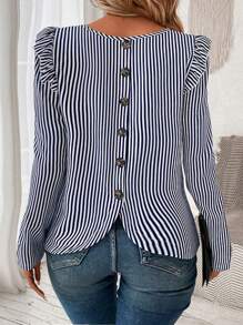 SHEIN LUNE Plus Size Button Decorated Back Striped Blouse