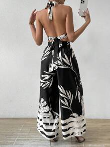 SHEIN VCAY Women's Fashionable Black & White Color Block Print Halter Neck Two Pieces Set For Summer - Black - View 2