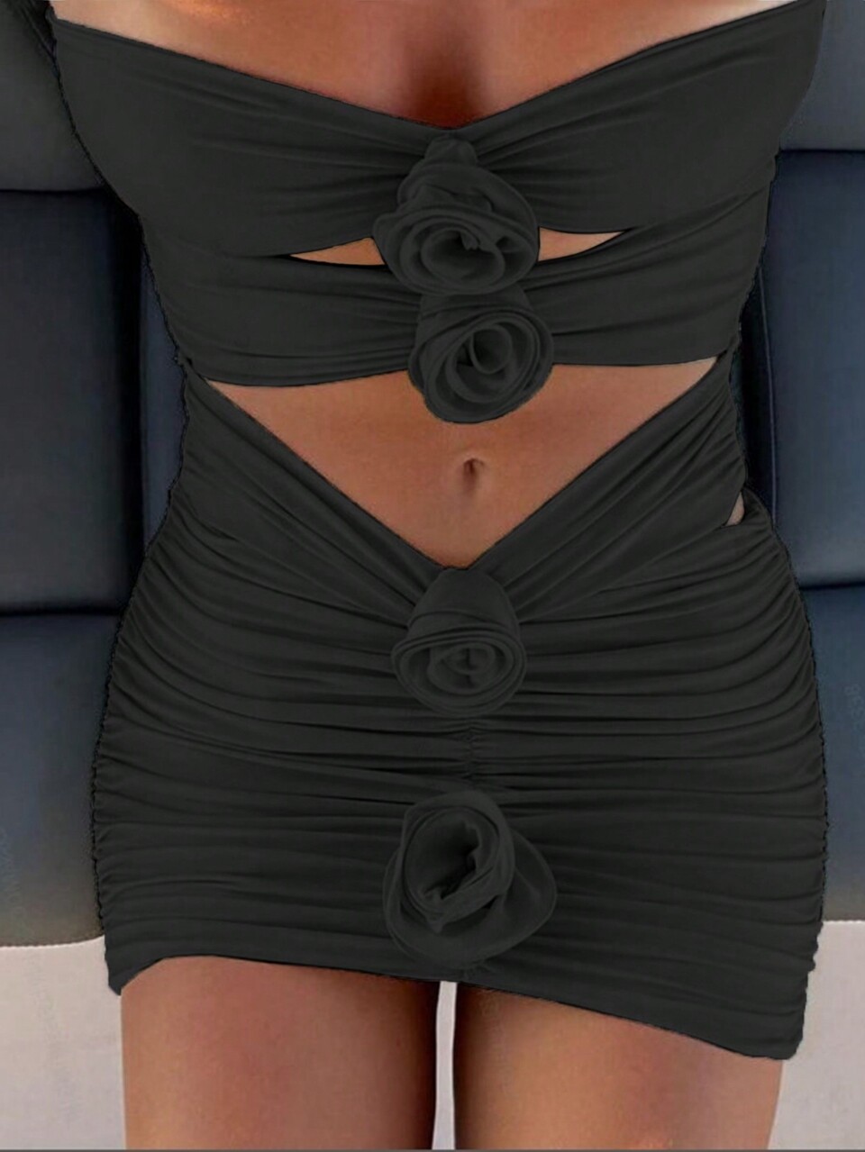 Solid Color Strapless Bodycon Dress With 3d Floral Decor And Hollow Out & Pleated Hem