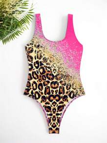 Swim Lushoire Summer Beach Leopard Print Splicing Round Neck Slim Fit One-Piece Swimsuit With Sleeveless Design