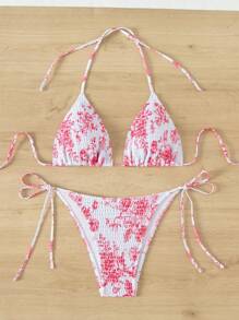 Swim Mod Summer Beach Floral Printed Padded Halter Neck Bikini Set With Bottoms - Pink - View 4