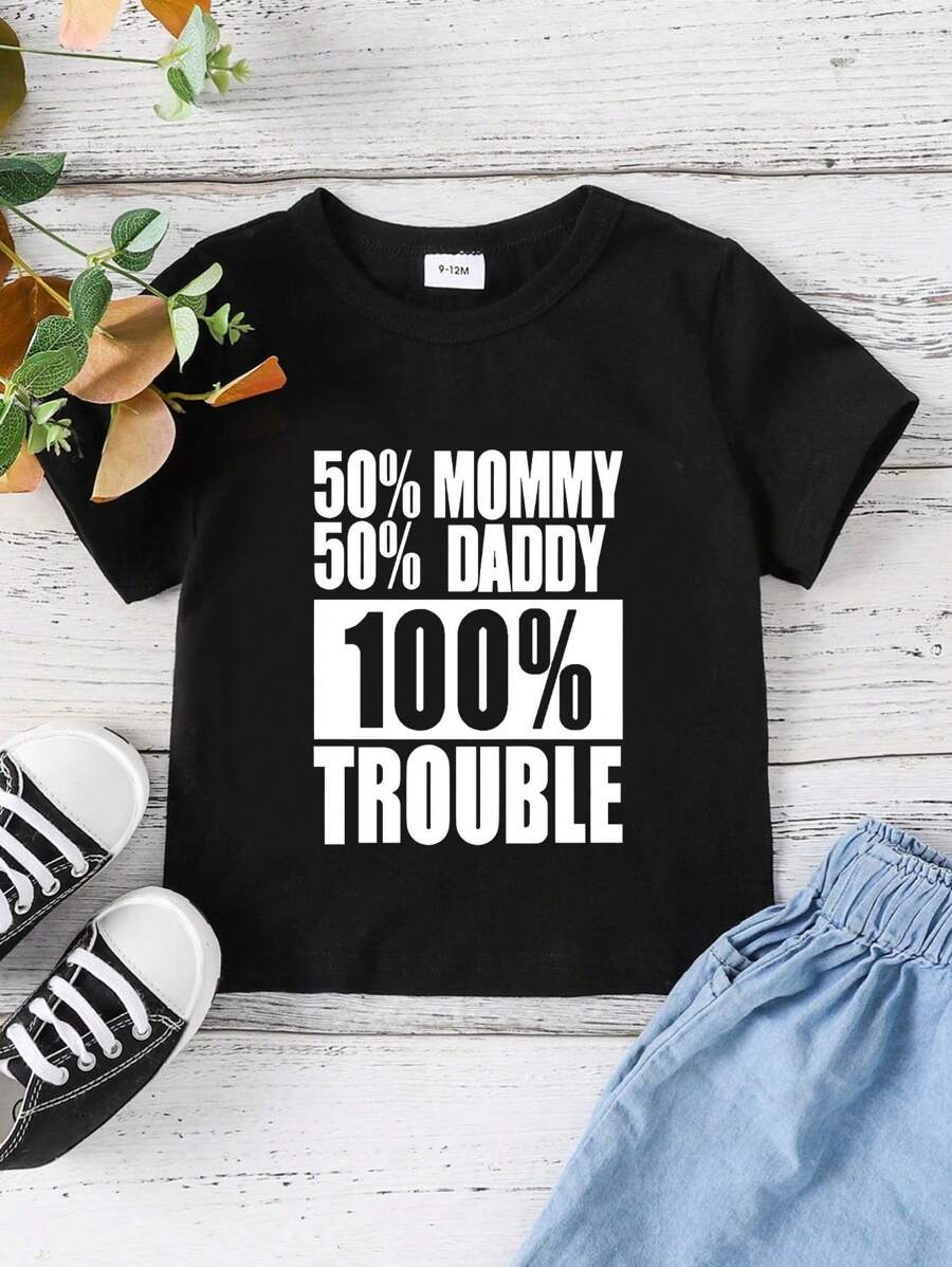 SHEIN 夏季寶寶男孩有趣標語及字母印花短袖t恤