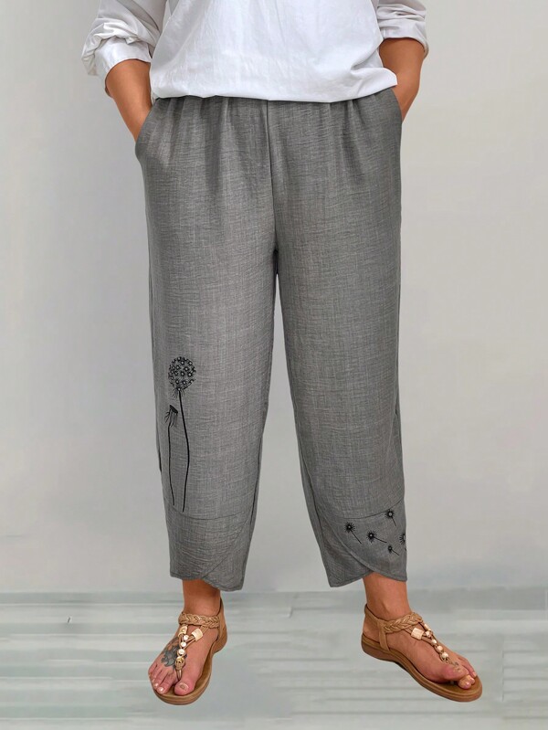 EMERY ROSE Plus Size Women'S Lotus Printed Elegant Tapered Pants Grey Pantsgray Pantsjapanese Pantssquare Pants For Womensquare Pants For Woman