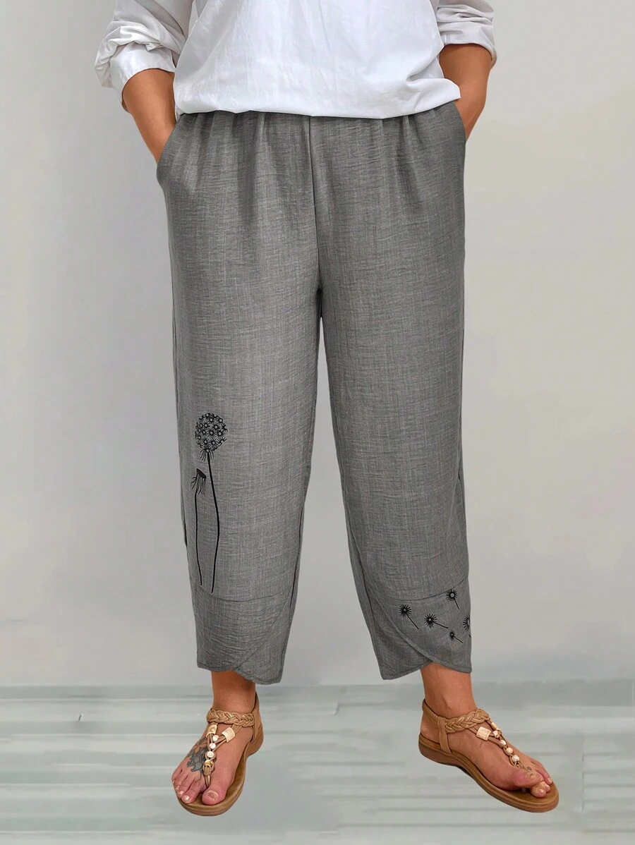 EMERY ROSE 大码女式莲花印花优雅锥形裤 灰色裤子 灰色裤子 日系裤子 女式方裤 女式方裤 - 灰色 - 查看 1