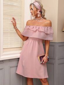 GENKIRA Vestido de mujer con hombros descubiertos, unicolor, con múltiples capas y ribete de volantes - Rosa coral - Ver 4