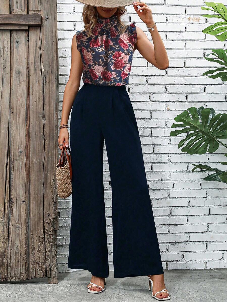 SHEIN LUNE Của phụ nữ Hoa In Không tay Áo Và Dài Quần Bộ - Màu xanh hải quân - Xem 1