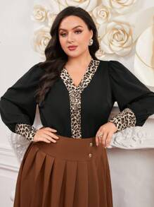Modelyn Plus Size Leopard Print Patchwork Lantern Sleeve Shirt
