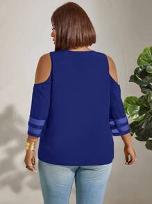 Blusa con hombros descubiertos y cuello en V con dobladillo curvo para mujer de talla grande - azul real - Ver 2