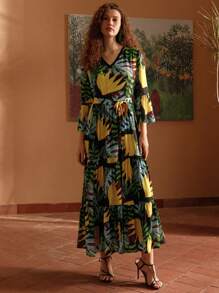 MOTF PREMIUM TROPICAL PRINT BELL SLEEVE TIERED HEM DRESS - Multicolor - View 5