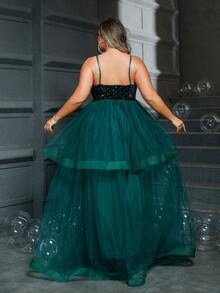 Women's Plus Size Sequin Embellished Mesh Panel Dress With Spaghetti Straps For Evening Party - Green - View 2