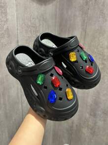 女士黑色厚底木屐 DIY 木屐，镶嵌大量钻石装饰搭扣，镂空设计，沙滩鞋，Thanos 宝石情侣款 - 黑色 - 查看 3