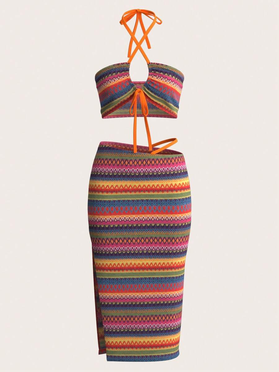 SHEIN ICON Music Festival Rave Concert Outfits Colorful Striped Knitted Halter Y2k Top And Low Waist Skirt Summer Sets - Multicolor - View 1
