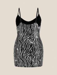 SHEIN ICON 大尺碼修身斑馬印花吊帶連衣裙,帶波浪狀緣邊領口 - 玫紅色 - 查看 9