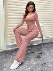 SHEIN Unity Women's Plain Split Hem Ribbed Long Sleeve T-Shirt And Flared Pants Two Pieces Set - Rusty Rose - View 3
