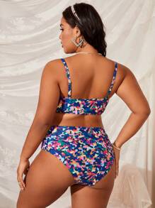 SHEIN Swim Curve 夏季海滩加大码全印花细肩带比基尼套装