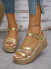 1 par de sandalias de plataforma con suela gruesa para verano, casuales y versátiles para adolescentes, ligeramente pequeñas de talla - Dorado - Ver 5