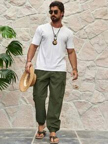 Manfinity Homme Nam Màu thuần Eo dây rút Quần Cargo - xanh quân đội - Xem 3