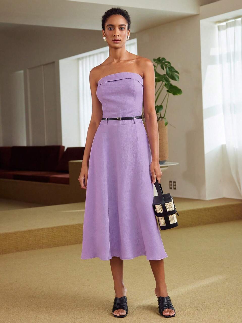 MOTF PURE LINEN LINEN SOLID SHIRRED BACK BELTED TUBE DRESS