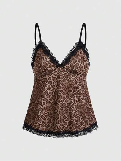 Kawaii Sexy Leopardenmuster & Spitzenverbindung Camisole Top