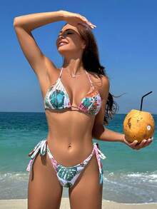 SHEIN Swim Của phụ nữ Nhiệt đới In Bộ Bikini Với Dây đai - Nhiều màu - Xem 4