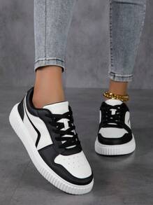 女士休闲运动鞋，系带软底平底舒适滑板鞋，轻便低帮日常穿着，秋冬季 - 黑與白 - 查看 4