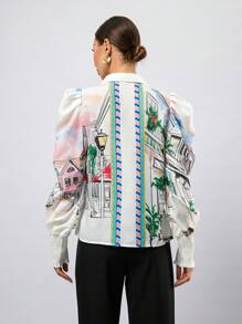 SHEIN Privé Camisa de manga larga con botones y estampado de pintura, camisa con botones para mujer, blusas de manga larga de otoño para mujer - Multicolor - Ver 2