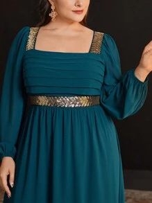 Modelyn Plus Size Sequin Trimmed Ribbon Patchwork Square Collar Pleated Dress