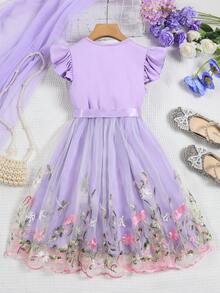 SHEIN Vestido de malla con dobladillo de volantes y detalle de bordado floral para niñas en transición - Morado - Ver 2