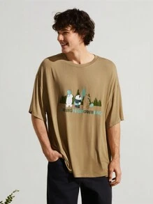 SHEIN Earth Day Fanverse Picks Men Cartoon And Letter Graphic Drop Shoulder Tee - Khaki - View 7