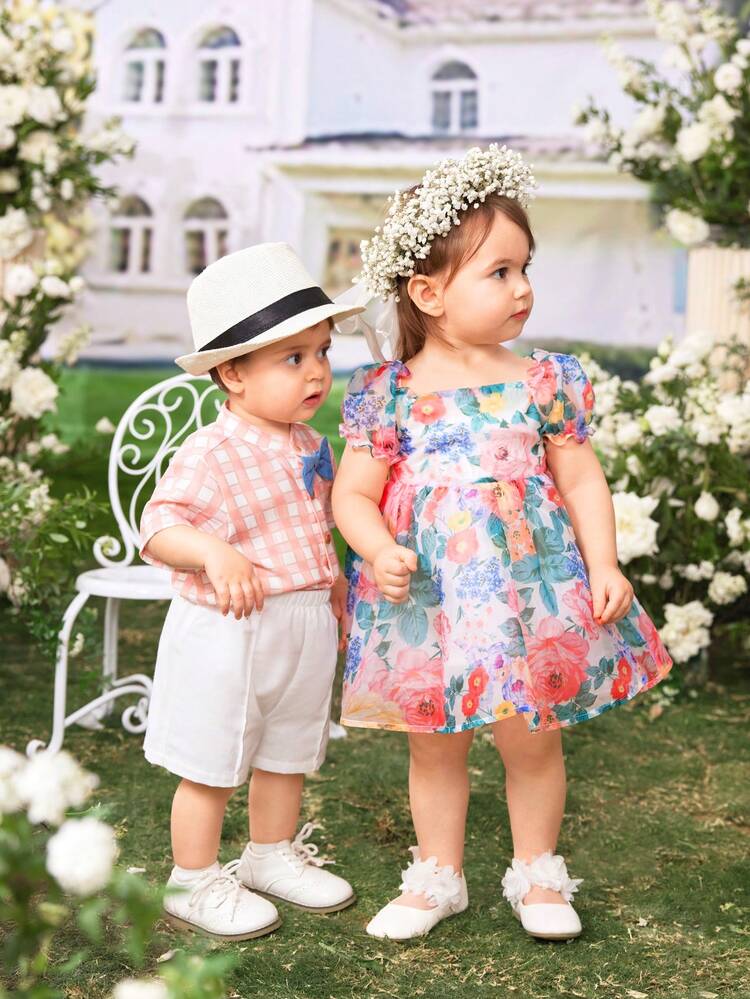 Baby Girl Elegant Floral Pattern Organza Short Sleeve Square Neck Vacation Dress