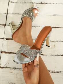 女款鑲鑽玻璃膠高跟涼鞋,性感閃亮銀色馬蹄鞋,適用於派對 - 銀色 - 查看 5