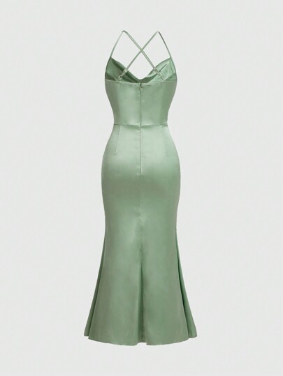 Fairycore Elegant Party Vacation Splendid Low-Cut Draped V-Neck Satin Mermaid Dress Bodycon Halterneck Dress