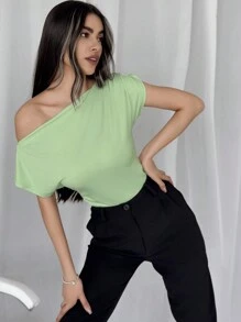 Firerie Áo thun nữ màu xanh lá xếp nếp cổ bất đối xứng thanh lịch & phù hợp đi làm - màu xanh lá - Xem 2