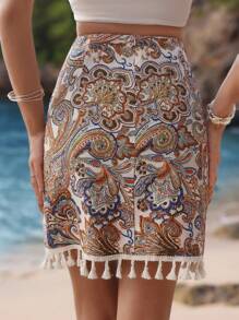 SHEIN Frenchy Ladies' Paisley Print Fringed Skirt