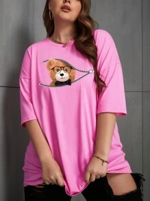 SHEIN EZwear Áo thun tay ngắn in hình gấu cỡ lớn cho nữ - Hồng - Xem 4