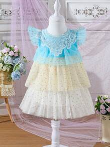Baby Girl Color-Block Polka Dot Tulle Dress With Embroidered Flower And Tiered Mesh Layers - Blue and White - View 1