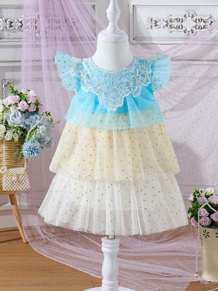 Baby Girl Color-Block Polka Dot Tulle Dress With Embroidered Flower And Tiered Mesh Layers