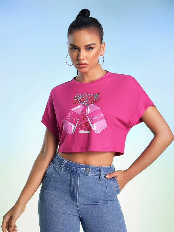 BARBARA DOMINGUES Designer Loose Short Batwing Sleeve T-Shirt With Cartoon Print, Graphic Tee For Summer, Holiday, Vacation, Festival, Ibiza Fits