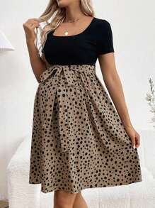 SHEIN Vestido De Maternidad De Verano Con Cuello Redondo Y Estampado De Lunares Y Parches - Negro - Ver 3