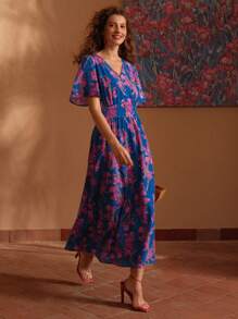 MOTF PREMIUM Vải in hoa Cổ chữ V Tay áo hình bướm Đầm - Nhiều màu - Xem 9