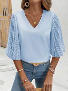 SHEIN Clasi Solid Color V-Neck Flare Sleeve Shirt - Baby Blue - View 1