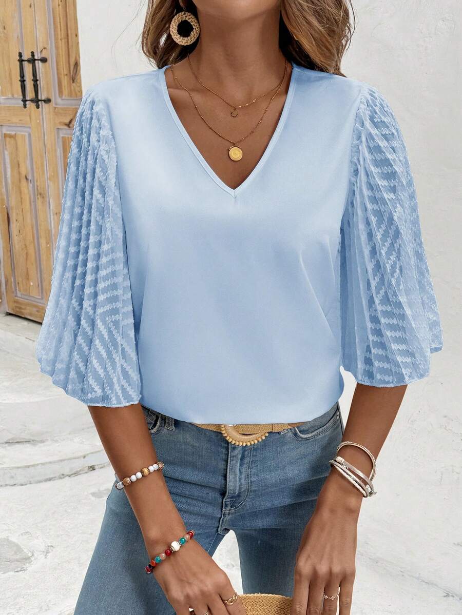 SHEIN Clasi Solid Color V-Neck Flare Sleeve Shirt - Baby Blue - View 1