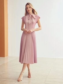 MOTF PREMIUM SOLID BOW MOCK NECK PLEATED HEM DRESS,SUMMER OUTFITS