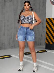 SHEIN ICON Quần short denim rách cỡ lớn cho mùa hè - Rửa nhẹ - Xem 5