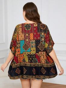 Plus Size Print Pattern Tie-Up Collar Casual Shirt Peplum Top For Summer - Multicolor - View 2