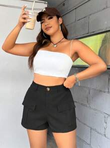 Flirla Pantalones Cortos De Talla Grande De Color Sólido Con Bolsillo Con Solapa - Negro - Ver 4