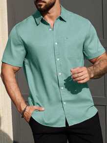 Camisa de manga corta casual de color liso con bolsillo para hombres